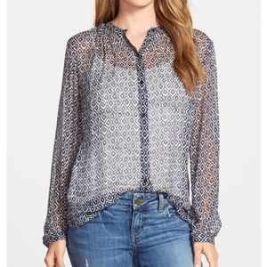 Lucky sheer geometric print long sleeve shirt, L